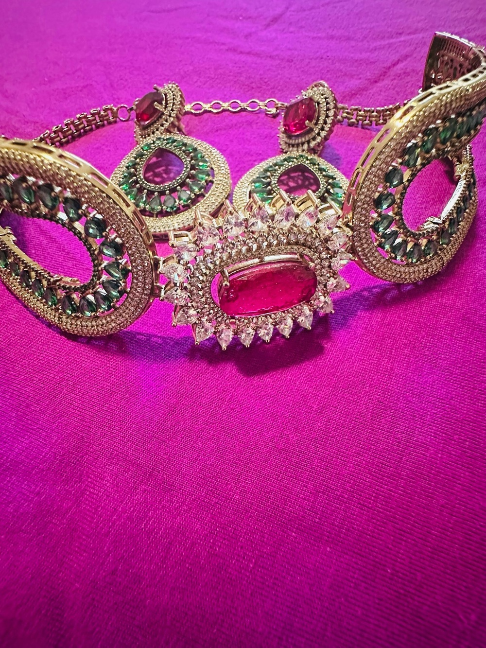 Gold Necklace with Pink and Green Stones
